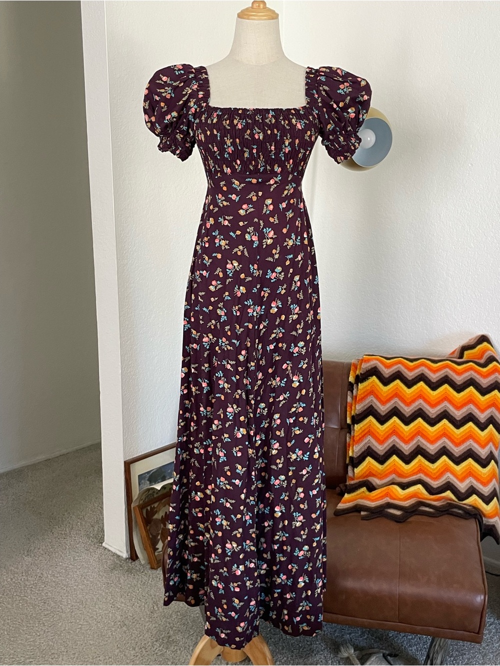 Vintage 1970s Contempo Casuals Boho Cottagecore Floral Smocked Puff Sleeve Dress